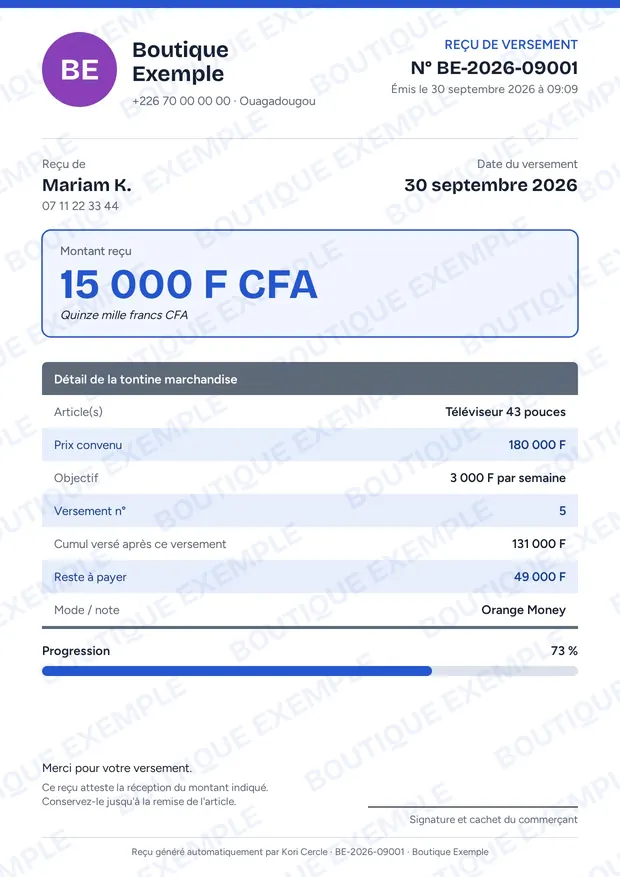 Exemple de reçu de versement Kori Cercle : 15 000 F CFA payés par Orange Money, avec le nom de la boutique en filigrane